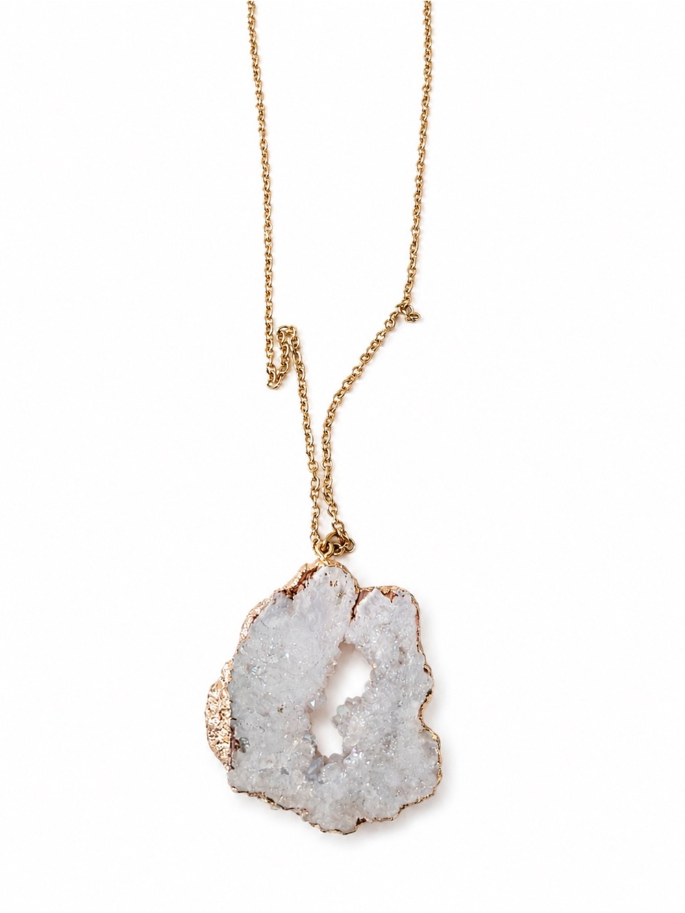 White Druzy Geode Slice Pendant Gold Tone Long Chain Statement Necklace